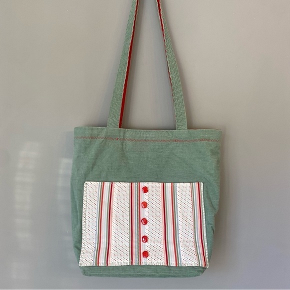 Vintage Handmade Sage Green & Poppy Red Corduroy Bag with Buttons - Picture 4 of 14